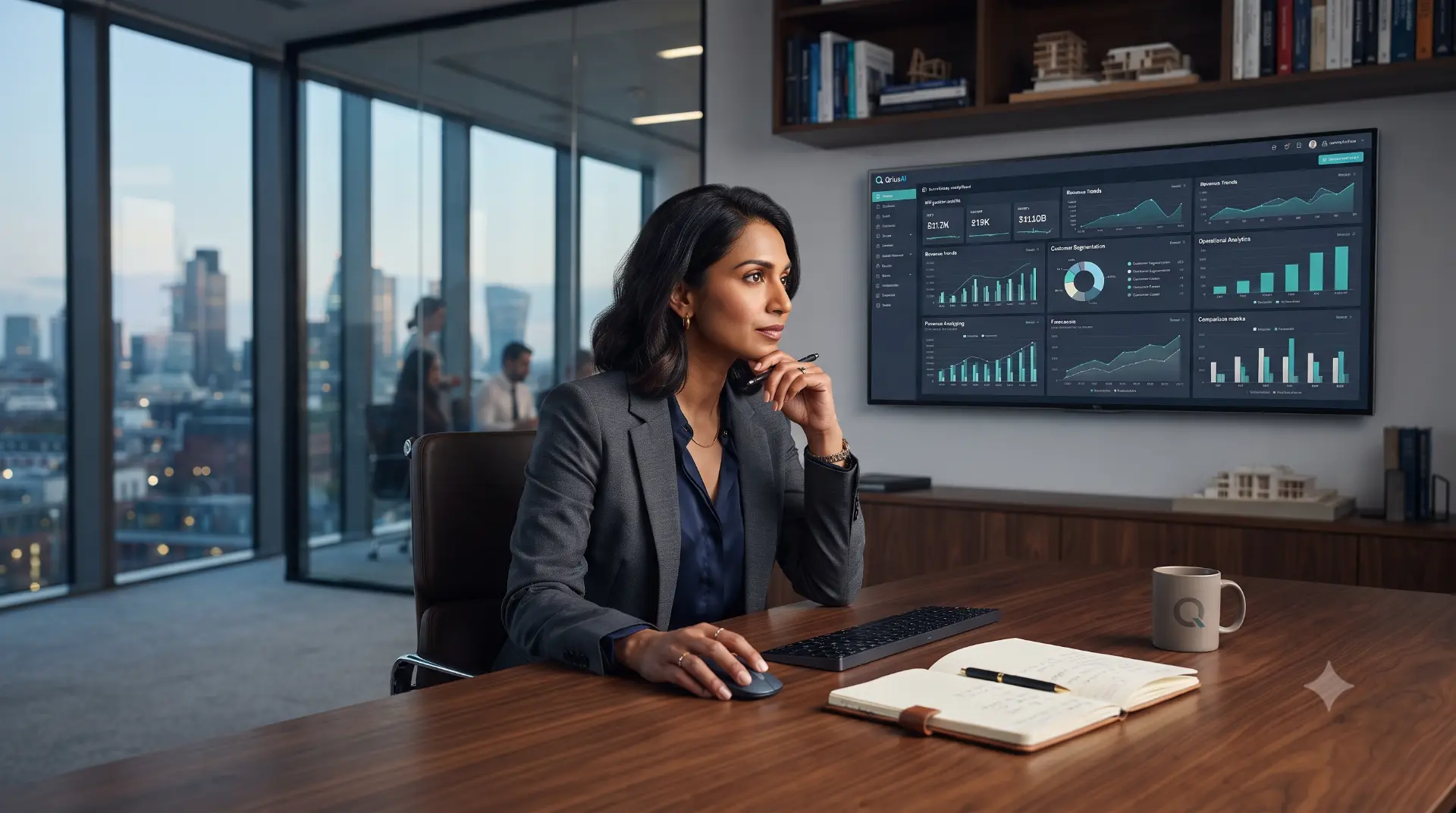 Analytics professional reviewing a large analytics dashboard in a modern office
