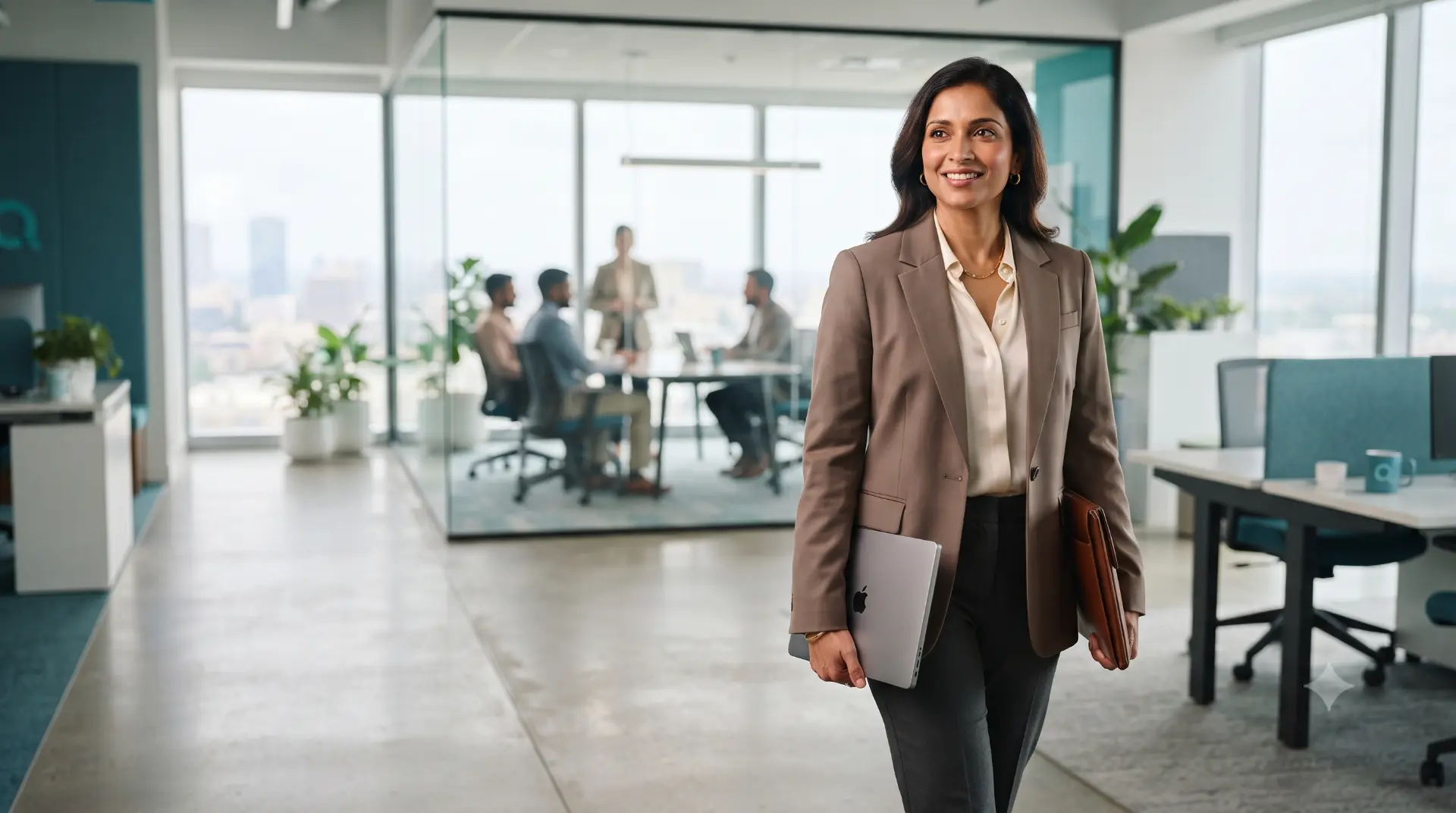 Professional woman walking confidently through a modern office carrying her laptop and portfolio