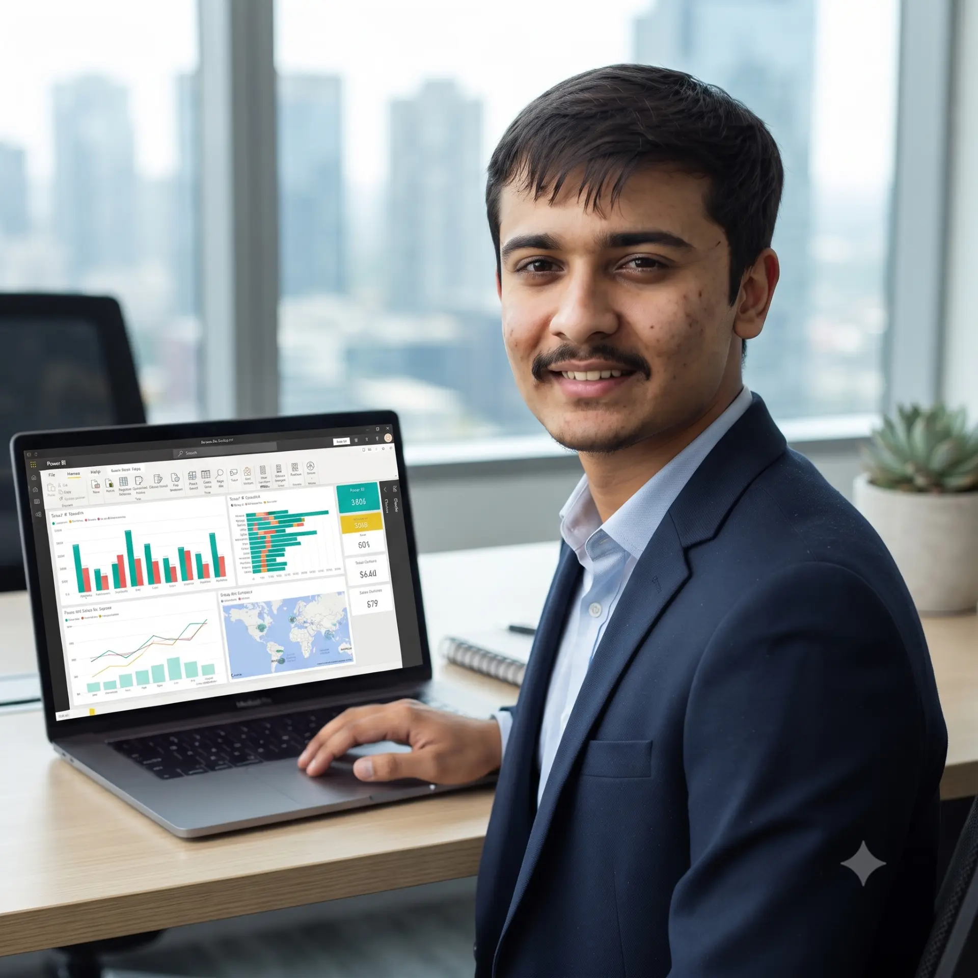 Varun, QriusAI intern, with a Power BI dashboard