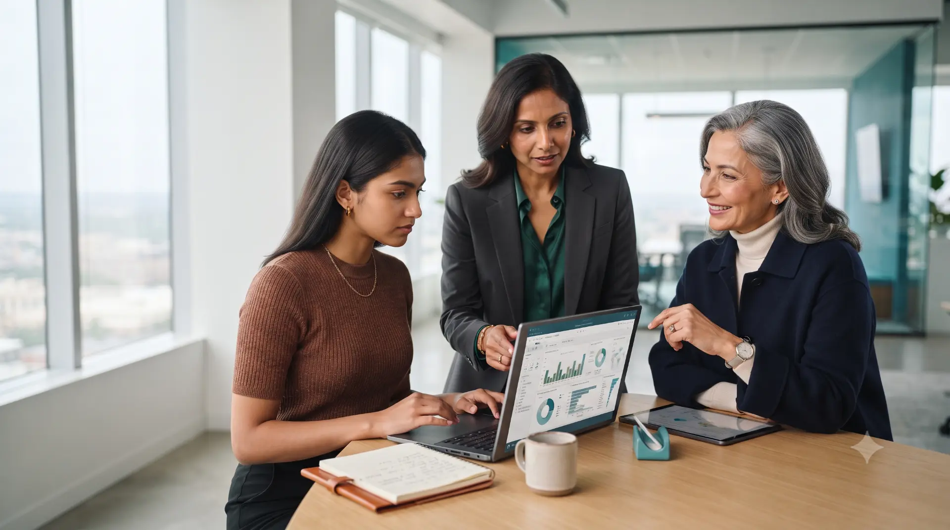 Three women at different career stages collaborating around an analytics dashboard