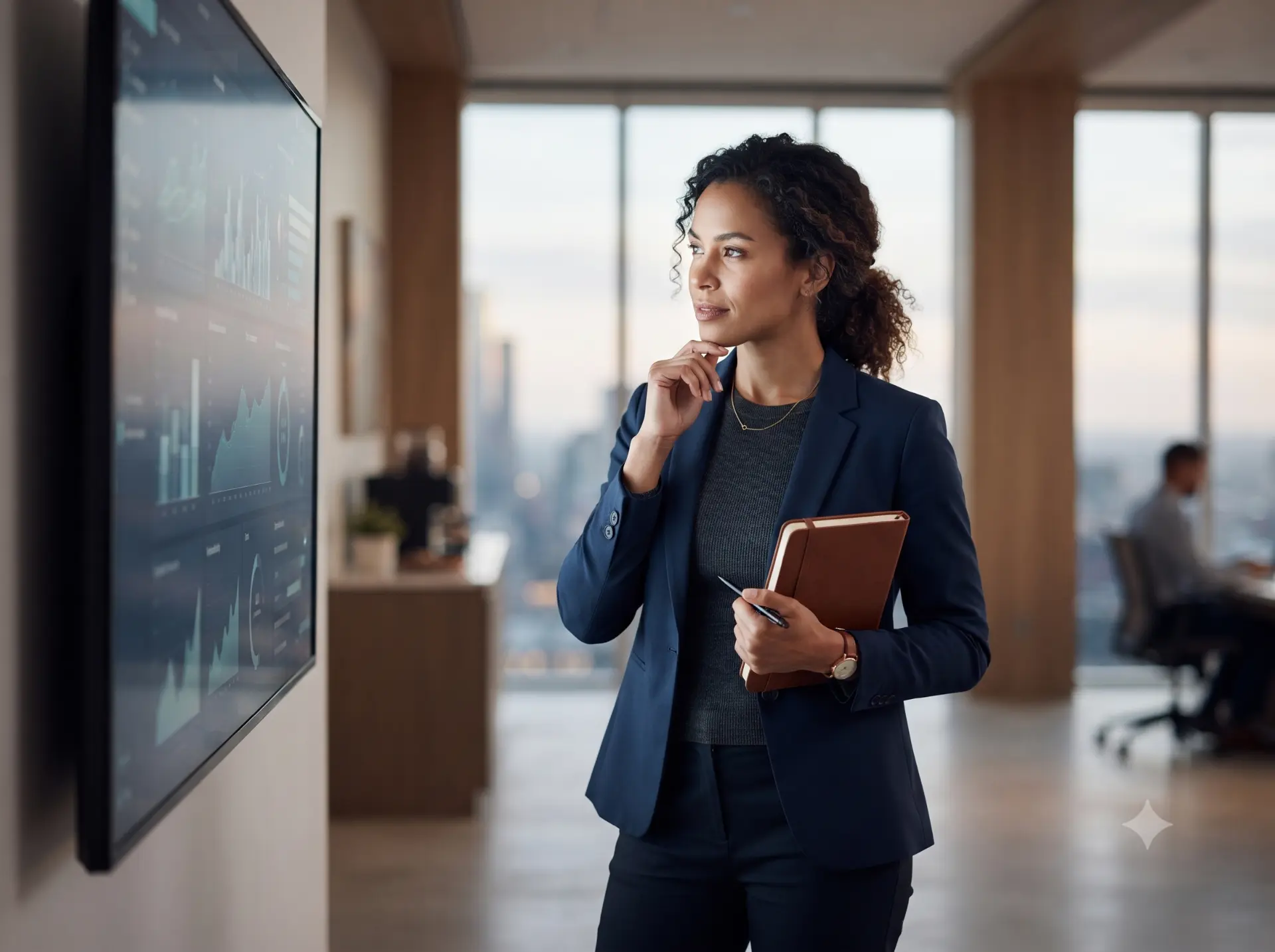 Professional reviewing a large analytics screen