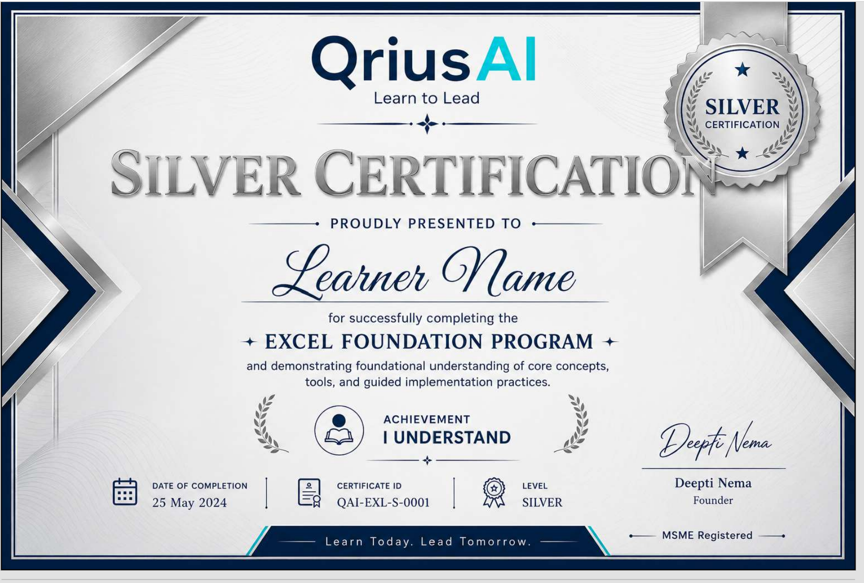 QriusAI Silver Foundation Certification sample certificate