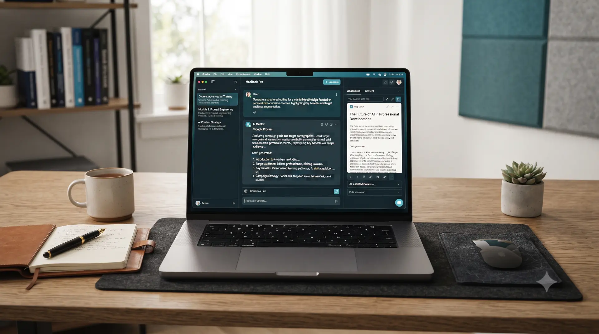 Laptop showing a generative AI assistant with a prompt, a drafted response and AI-assisted content
