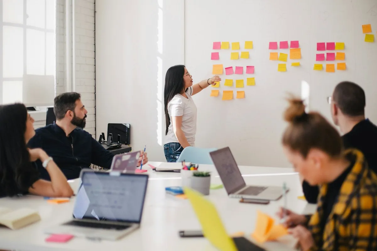 Team planning a business project around a whiteboard
