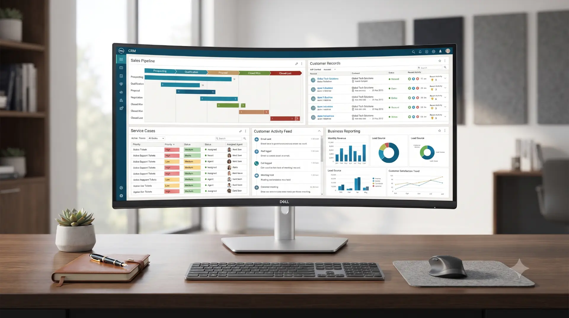 CRM dashboard showing a sales pipeline, customer records, service cases and business reports