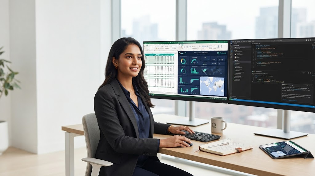 Professional working across spreadsheet, analytics dashboard and coding tools on multiple monitors