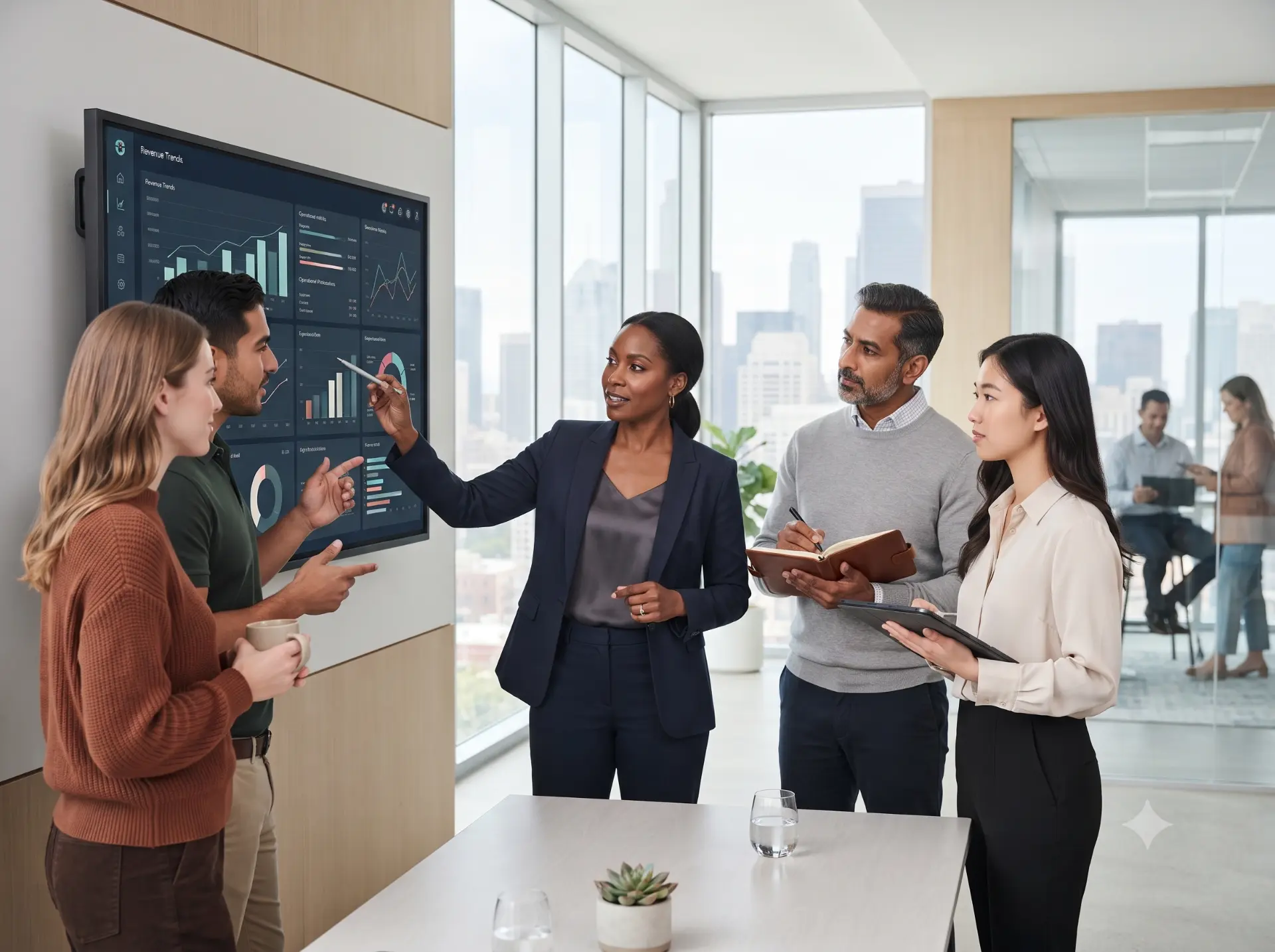 Diverse professional team collaborating around a dashboard