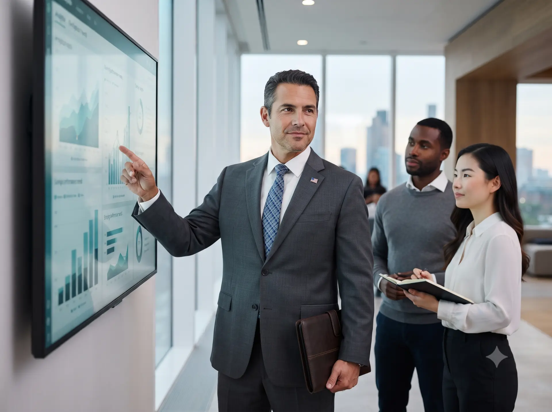 Analytics leader guiding a team at a data screen
