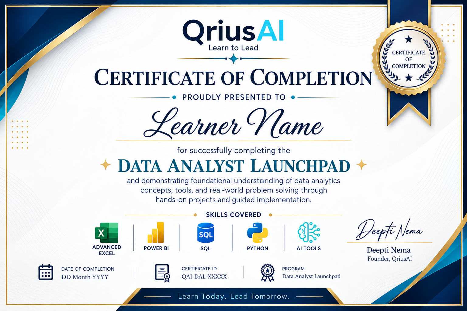 Sample QriusAI Data Analyst Launchpad Certificate of Completion