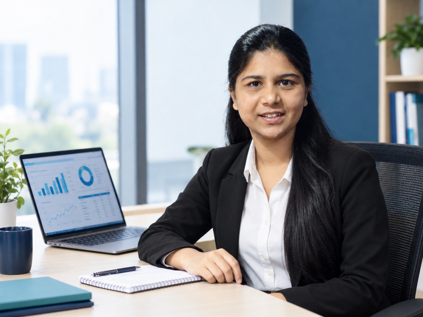 Vibhuti, QriusAI intern, at a desk with an analytics dashboard