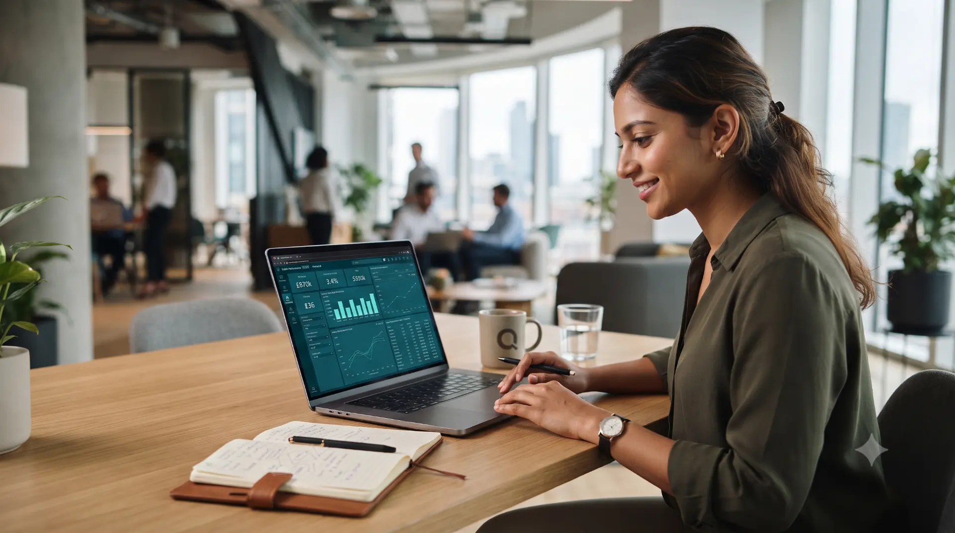 Young professional working on a laptop with an analytics dashboard