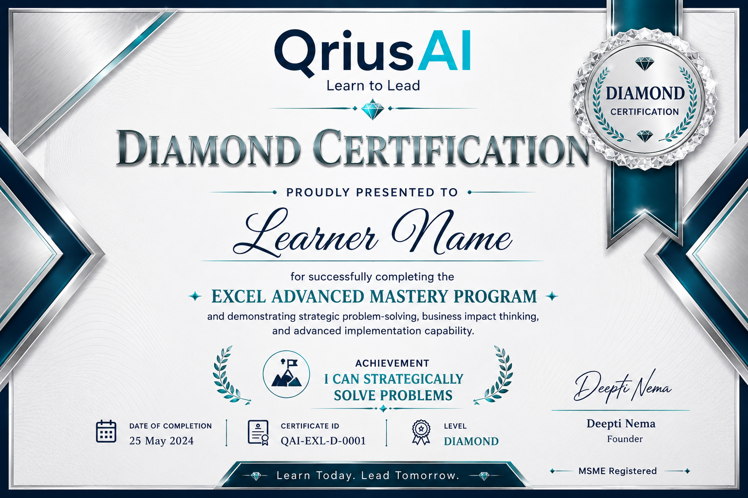 QriusAI Diamond Advanced Mastery Certification sample certificate