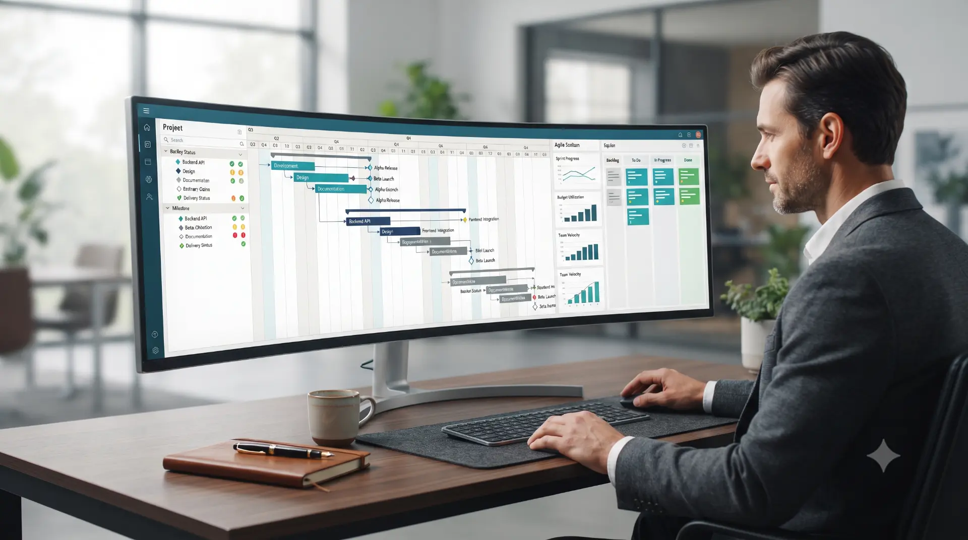 Project manager reviewing a Gantt chart with milestones, dependencies and an Agile board on a wide monitor