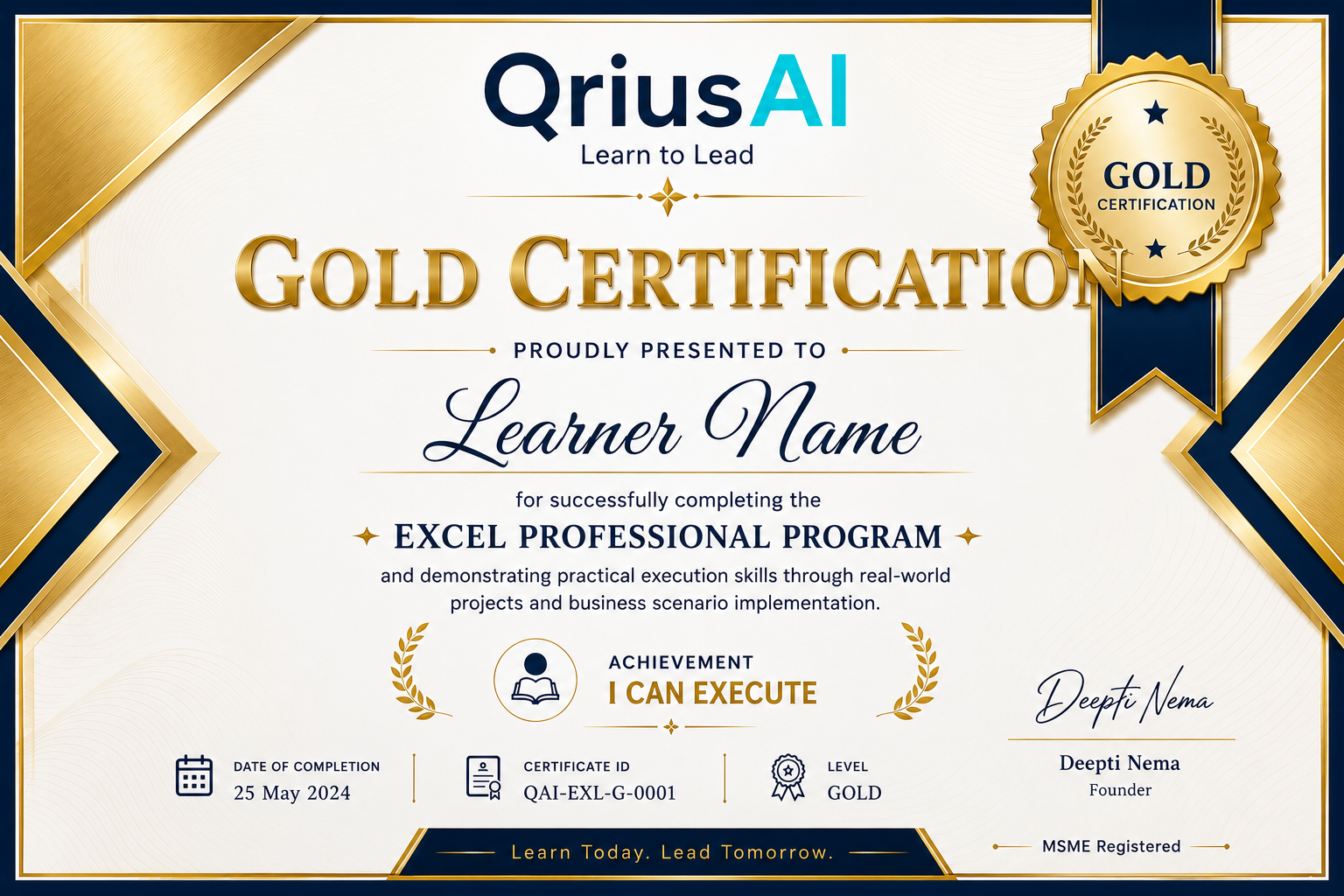 QriusAI Gold Professional Certification sample certificate