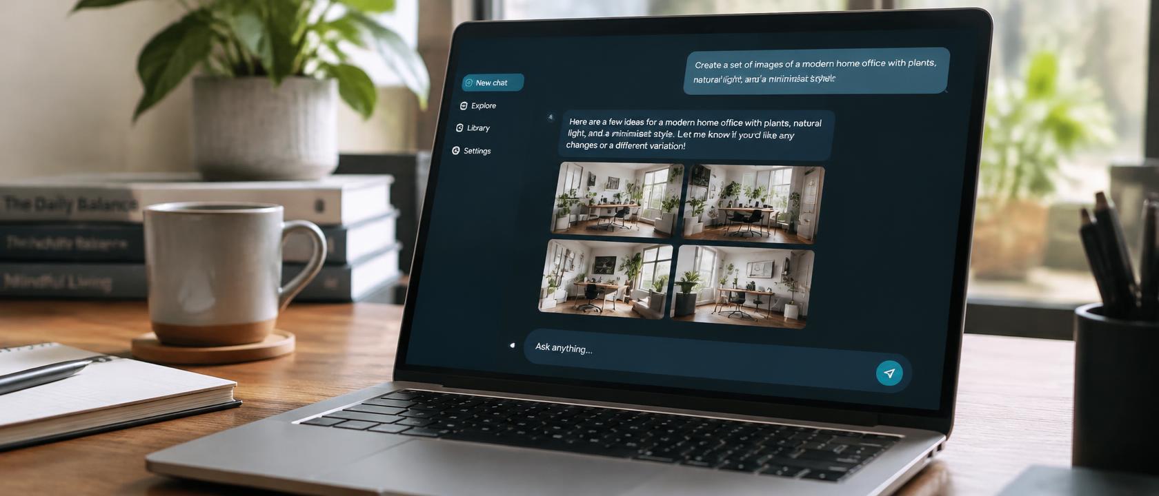 Laptop showing an AI chat assistant with a prompt, response and generated images