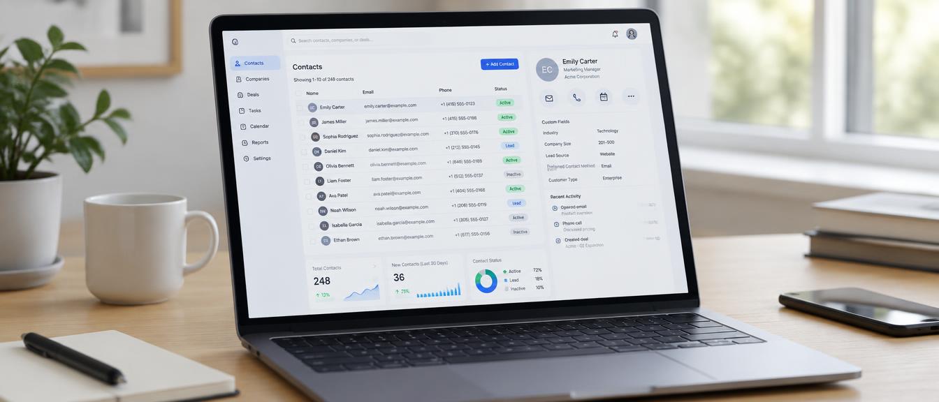 CRM application showing contact records and a dashboard on a laptop