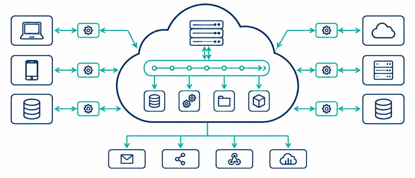 Integration architecture diagram connecting a cloud platform to external systems
