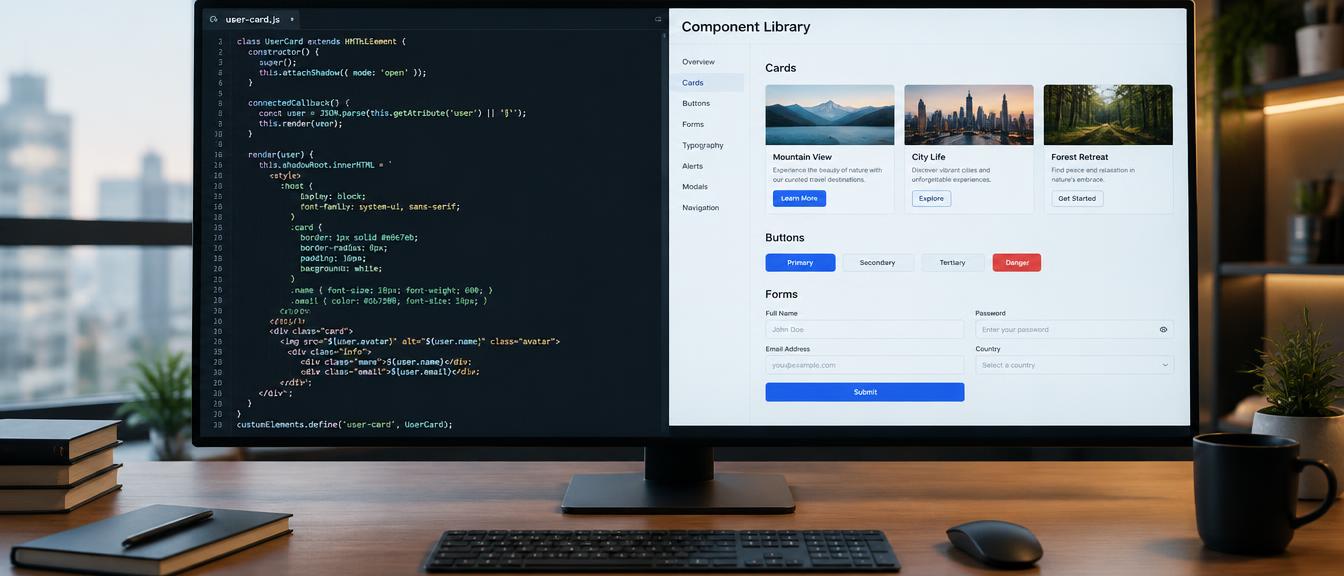 Web component code beside a UI component library preview