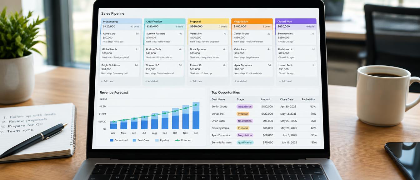 Sales pipeline dashboard with deal stages and revenue forecast